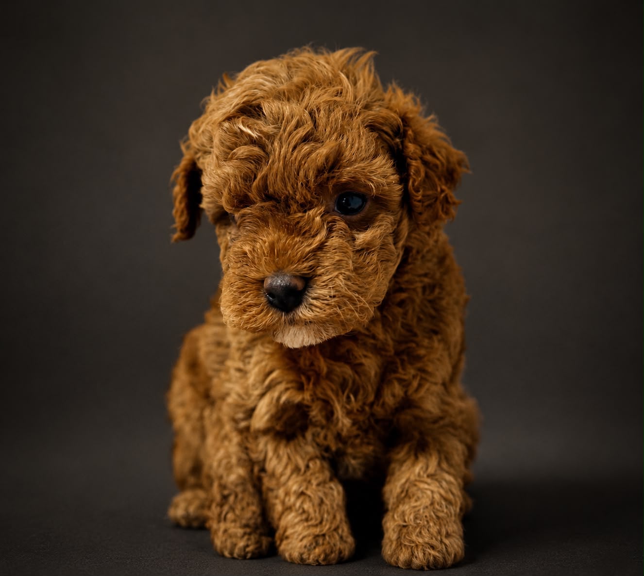 Cachorro de caniche toy en retrato de estudio sobre fondo negro — cría responsable Yorky’s